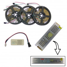 Комплект управляемой светодиодной ленты с блютуз контроллером SPI WS2811 SMD 5050 RGB (Многоцветная) 30 led/m - 15м